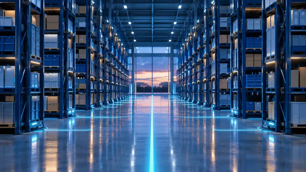 Almacén automatizado donde agentes de IA monitorean inventario y planificación logística.